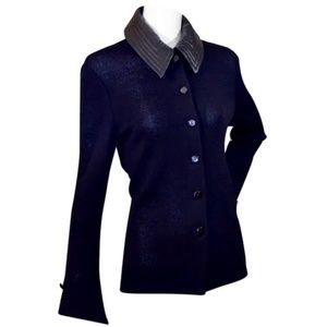 Black Lambskin Santana Knit  Blazer with removable leather collar